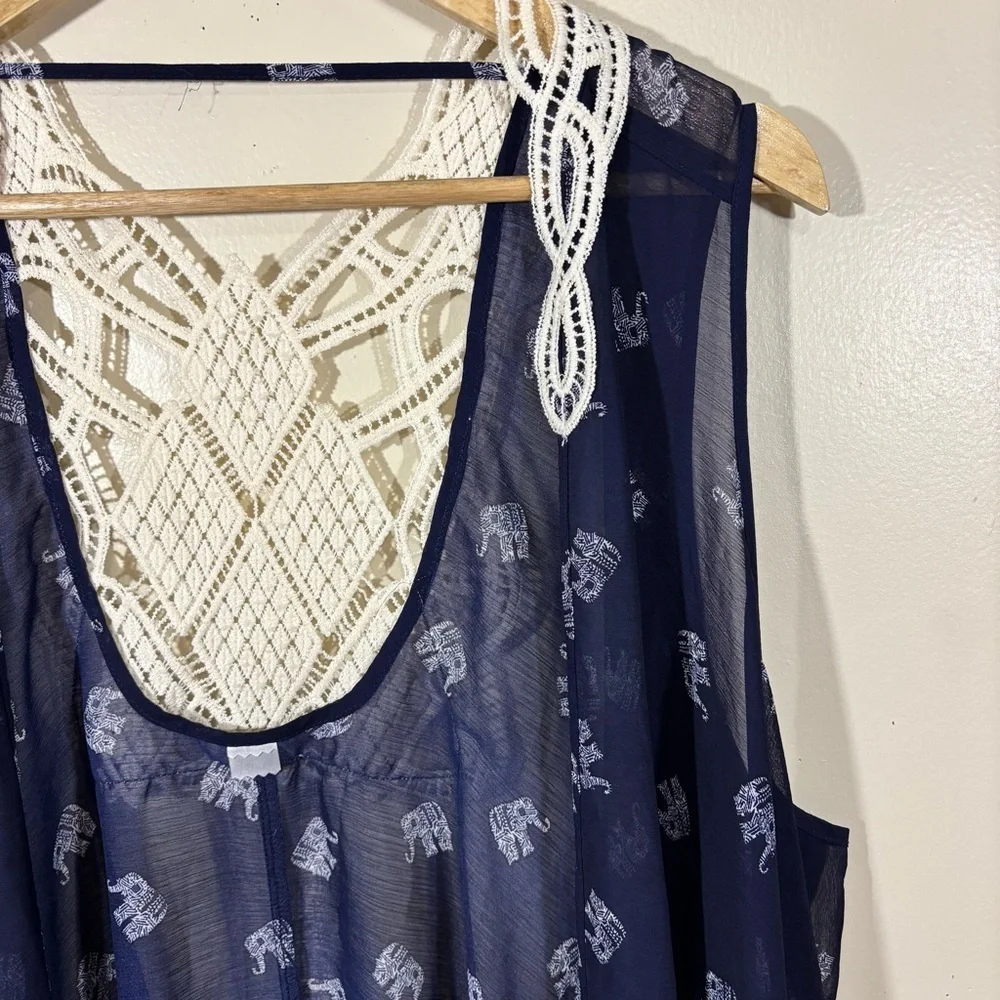Navy Sheer Boho Elephant Print Crochet Sleeveless Cover-Up Size L